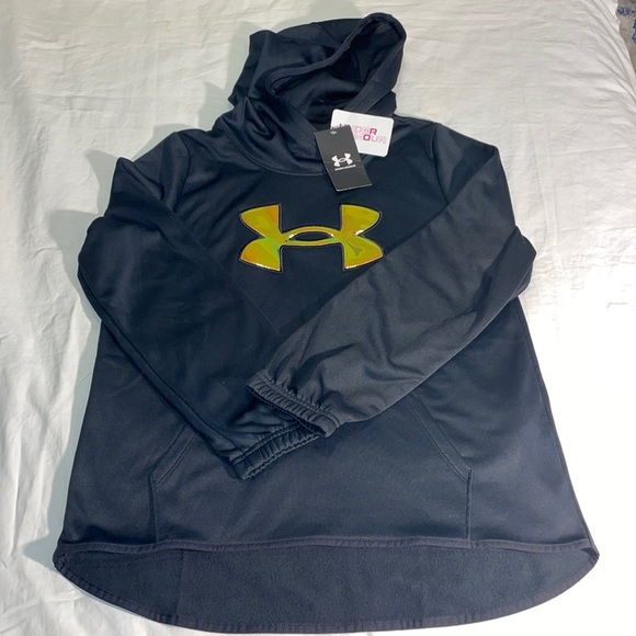NWT- Under Armour Girls Armour Fleece Iridescent Big Logo Hoodie Loose YXL - Picture 2 of 4